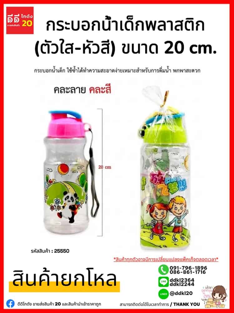 กระบอกน้ำเด็กพลาสติก (ตัวใส-หัวสี)
