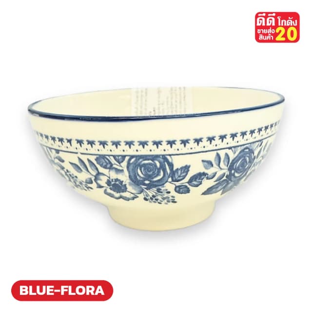ลายครามกุหลาบแน่น + แถบลายขอบ รหัสลาย BLUE-FLORA
